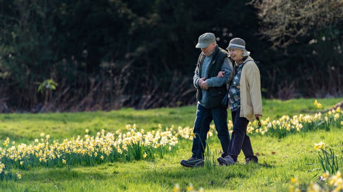 An elderly couple walking through field of daffodils